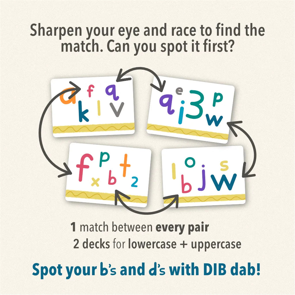 An informational graphic for a matching card game, showing four example card faces with colorful alphabet letters and arrows indicating a matching game. Text reads: 'Sharpen your eye and race to find the match.
