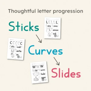 Thoughtful letter progression: sticks, curves, slides