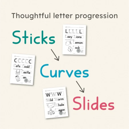 Thoughtful letter progression: sticks, curves, slides