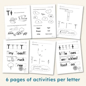 6 pages of activities per letter: letter-sound, letter recognition, warmups and writing practice