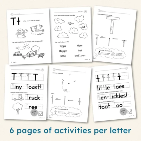 6 pages of activities per letter: letter-sound, letter recognition, warmups and writing practice