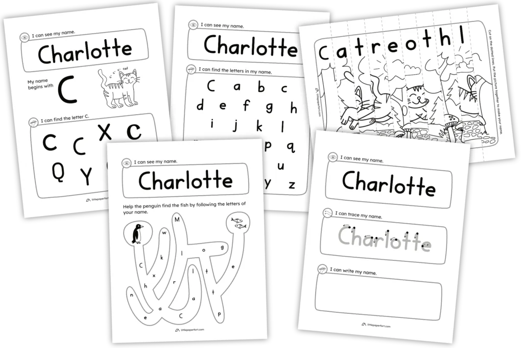 Name writing practice with a maze, puzzle, tracing and letter hunts